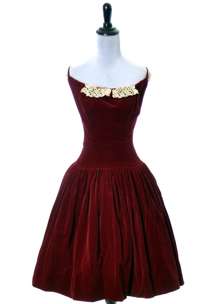 1950's Vintage Dress Red Velvet & Lace Leon Frank Dayton Ohio