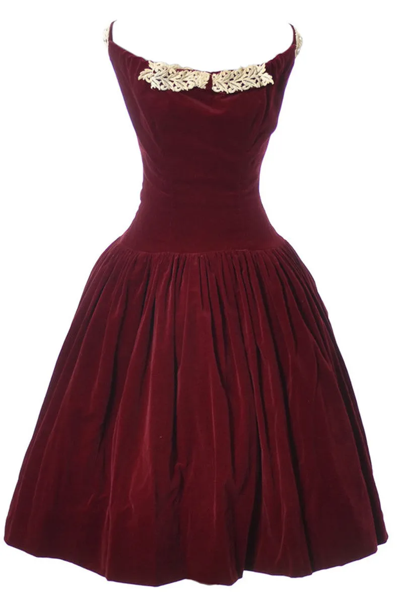 1950's Vintage Dress Red Velvet & Lace Leon Frank Dayton Ohio