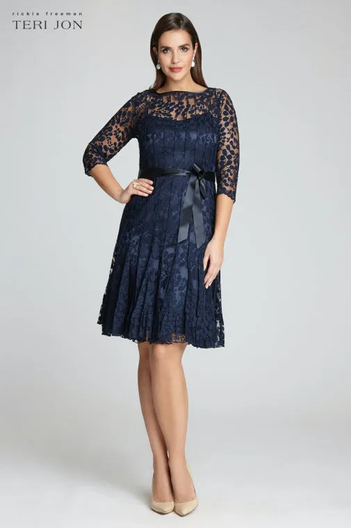 3/4 Sleeve Lace Fit And Flare Dress with Bow