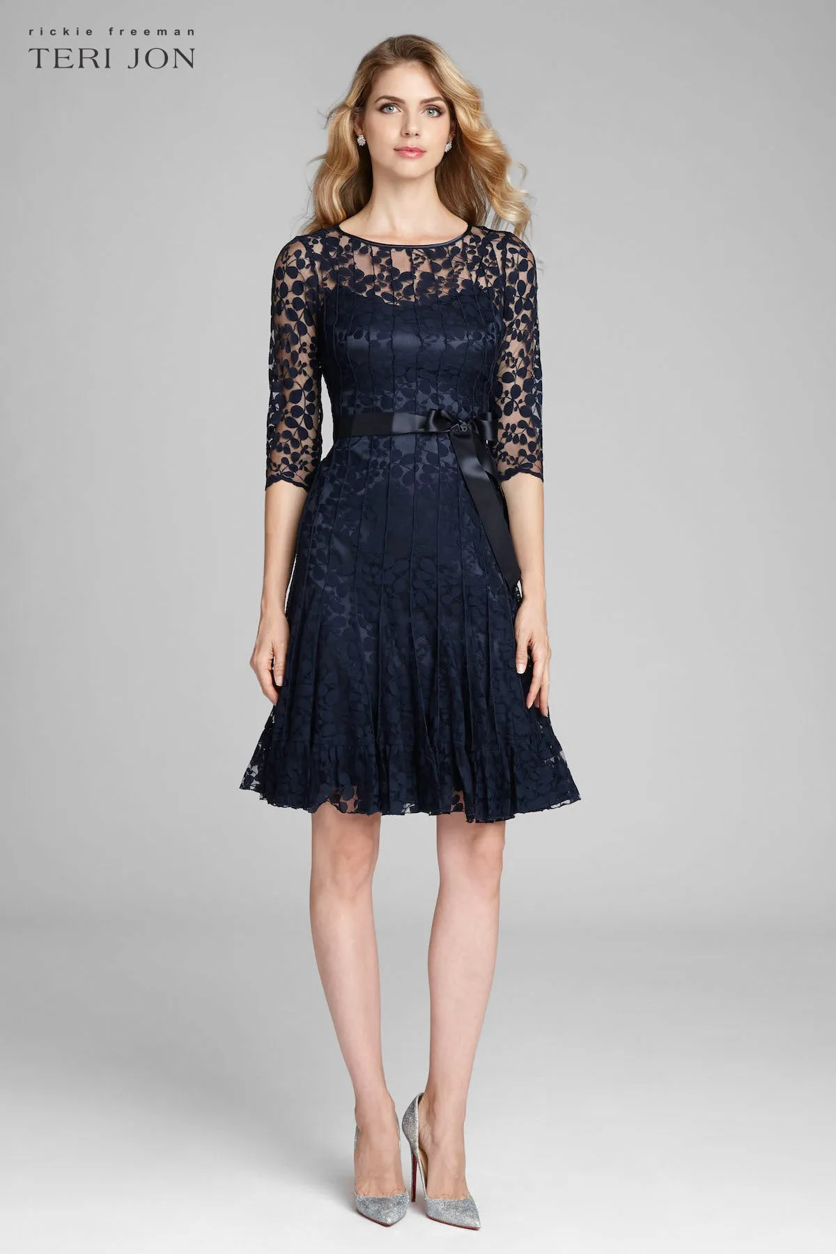 3/4 Sleeve Lace Fit And Flare Dress with Bow