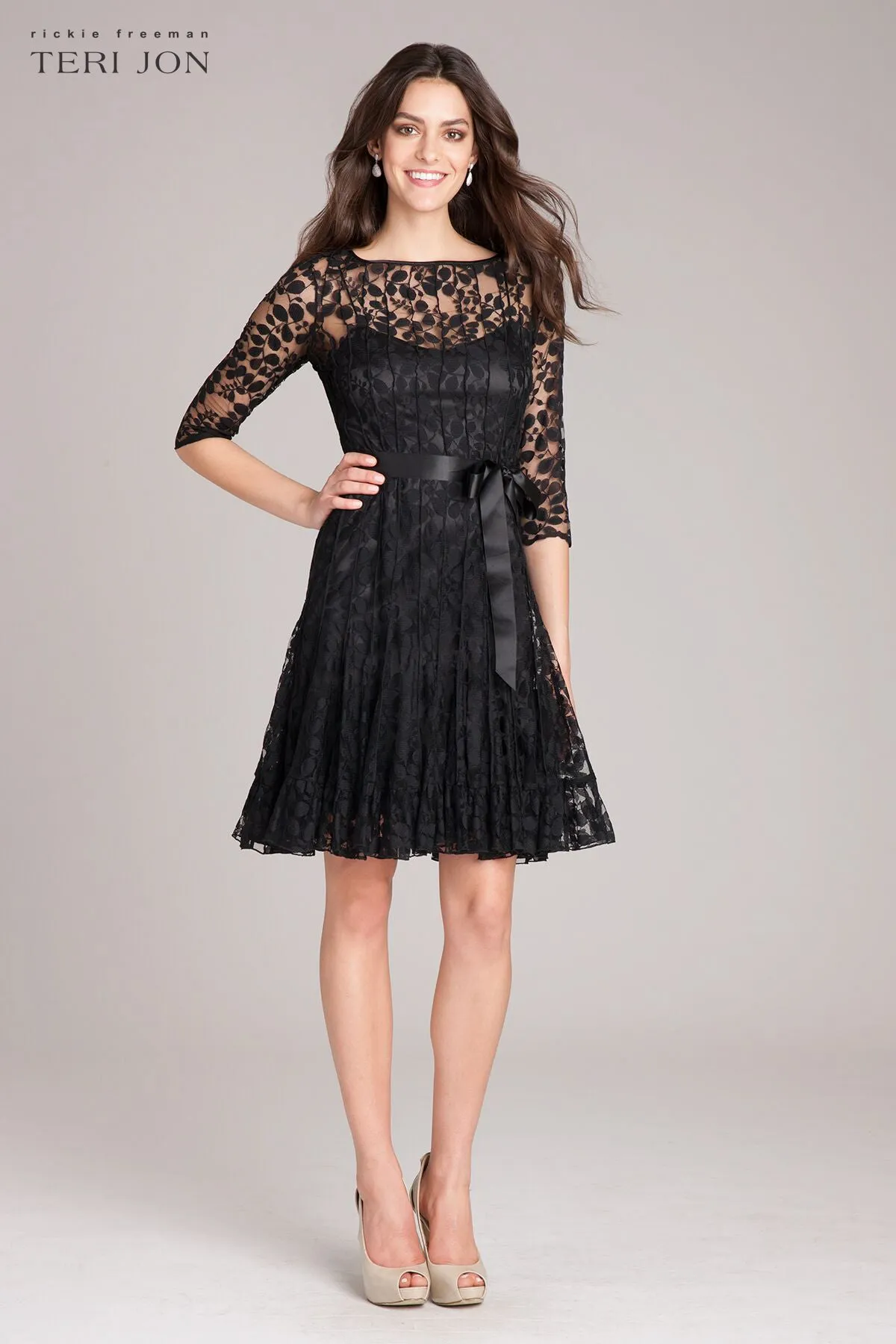 3/4 Sleeve Lace Fit And Flare Dress with Bow