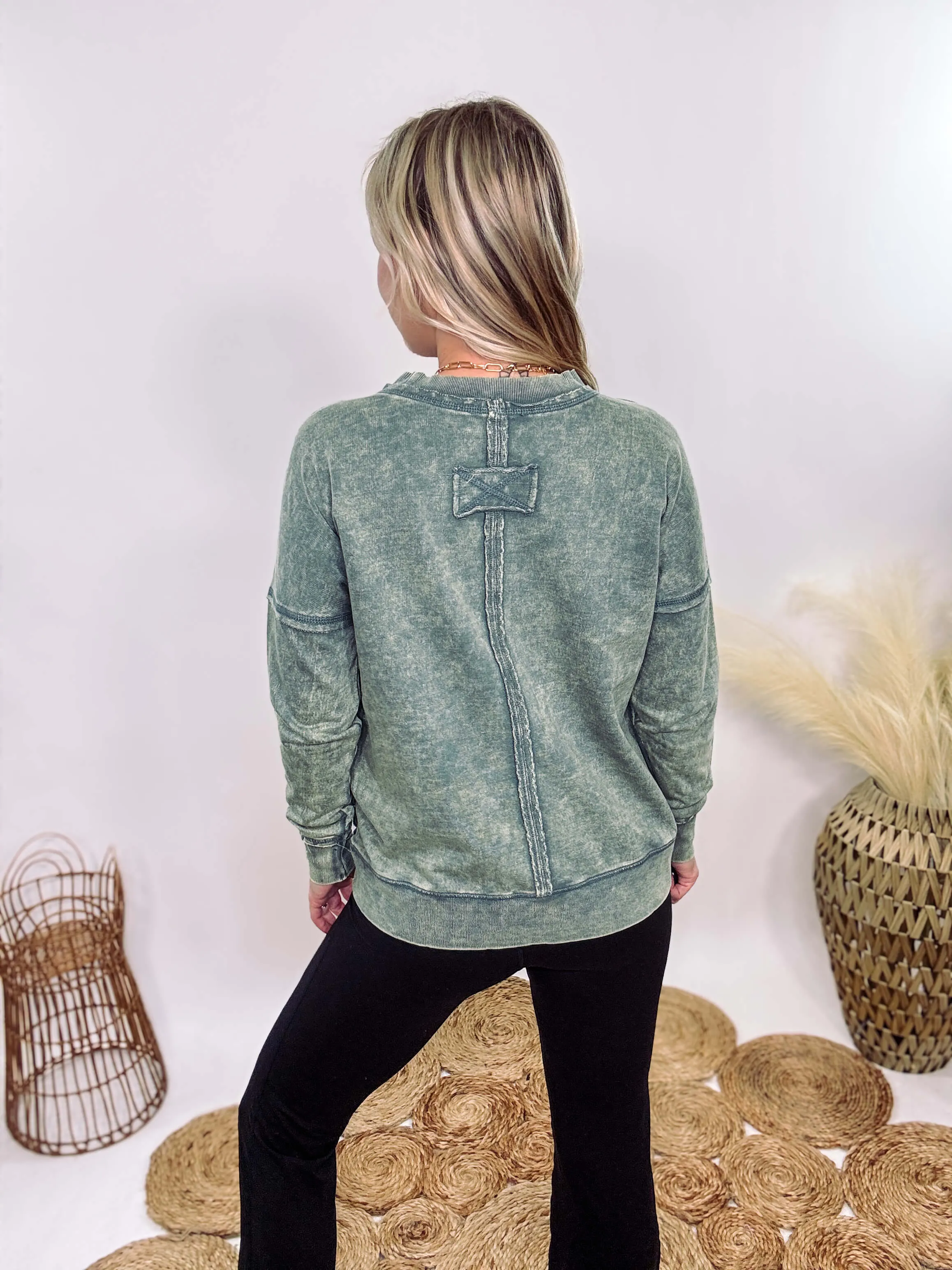 Ash Jade Green Acid Washed Raw Hem Pocket Pullover