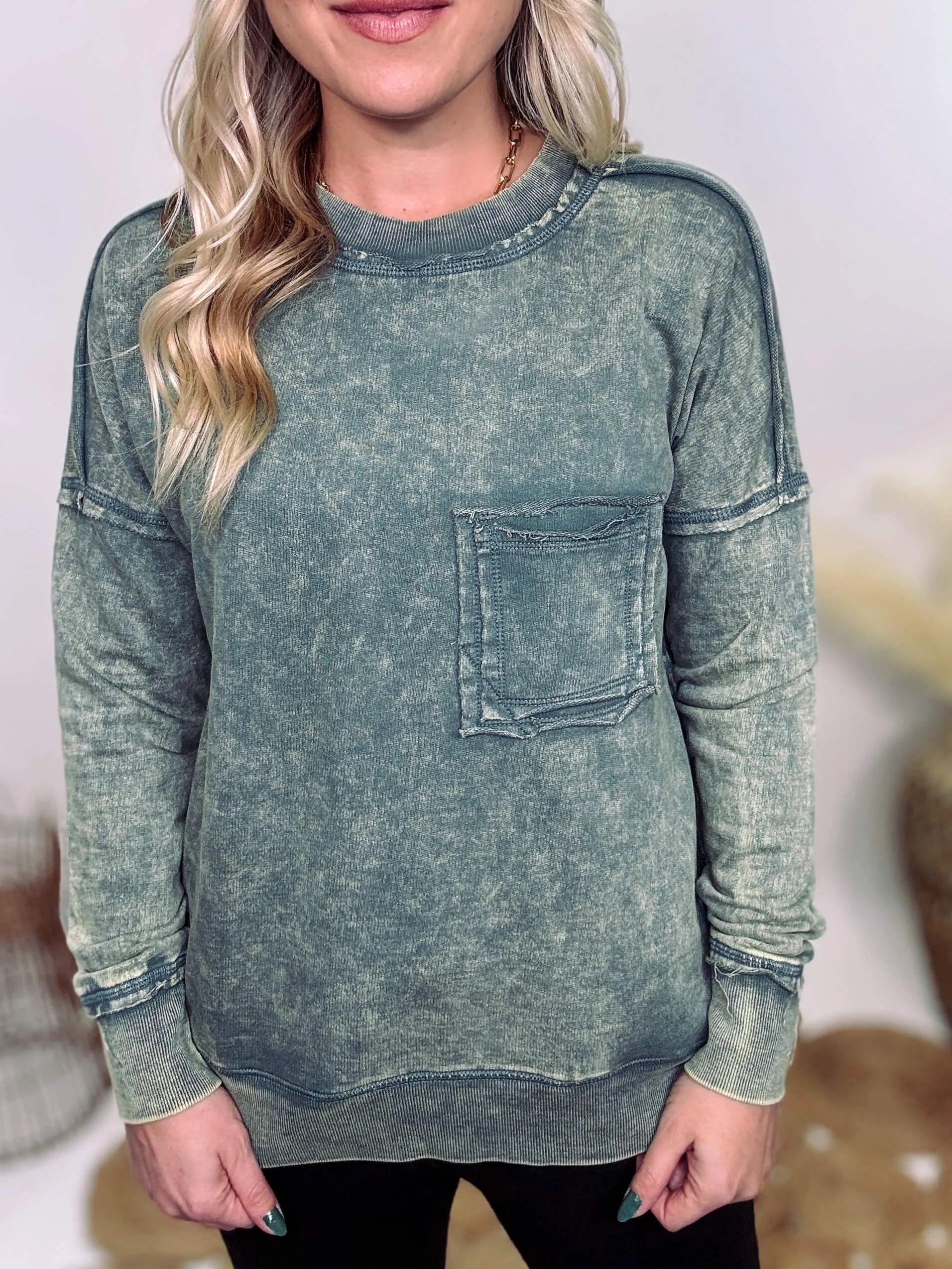 Ash Jade Green Acid Washed Raw Hem Pocket Pullover