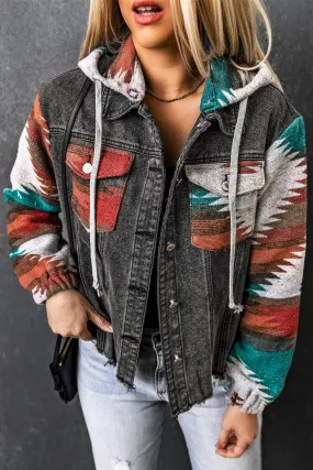 Aztec Print Frayed Hem Denim Jacket