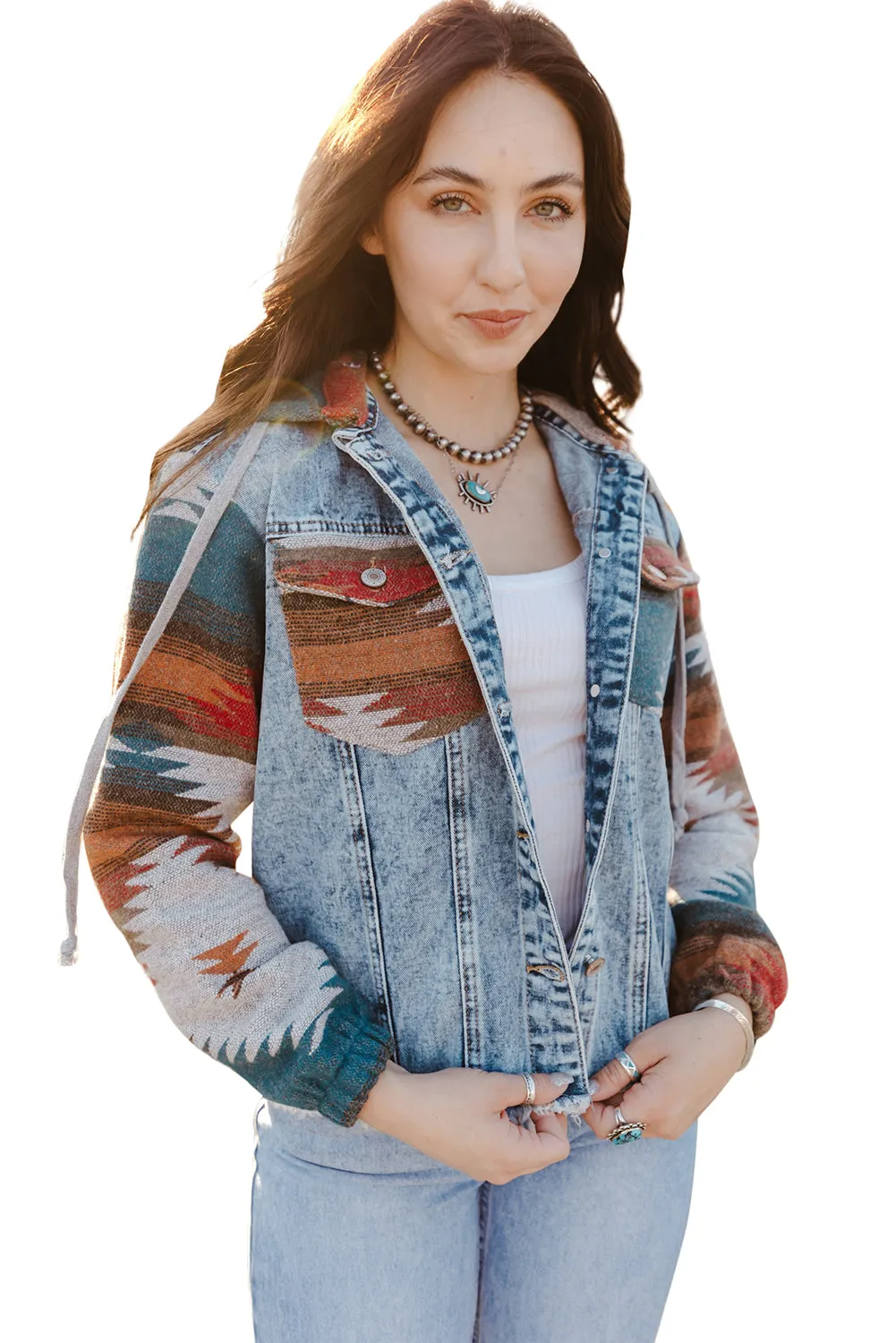 Aztec Print Frayed Hem Denim Jacket