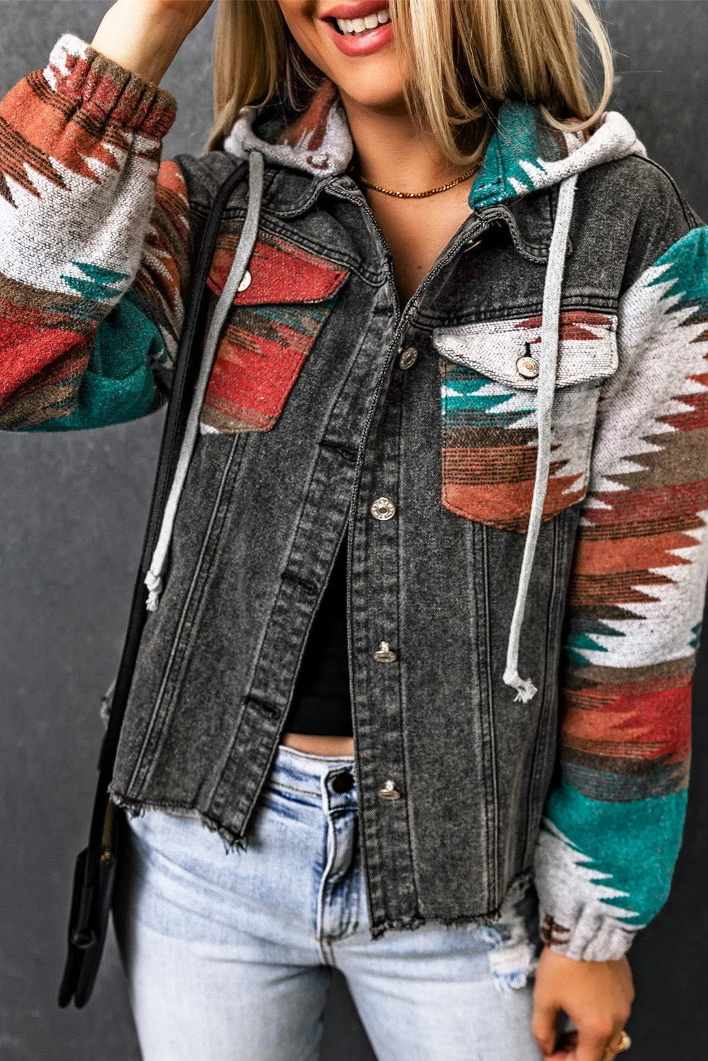 Aztec Print Frayed Hem Denim Jacket