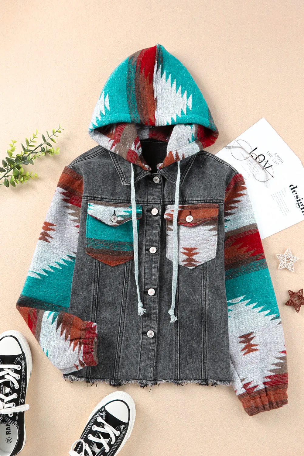 Aztec Print Frayed Hem Denim Jacket