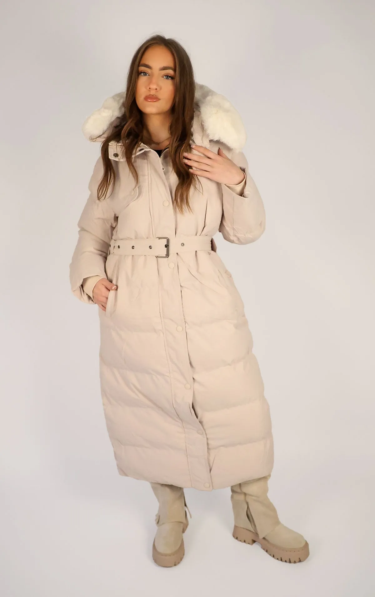 Beige Long Puffer Duvet Coat With Belt and Fur Hood