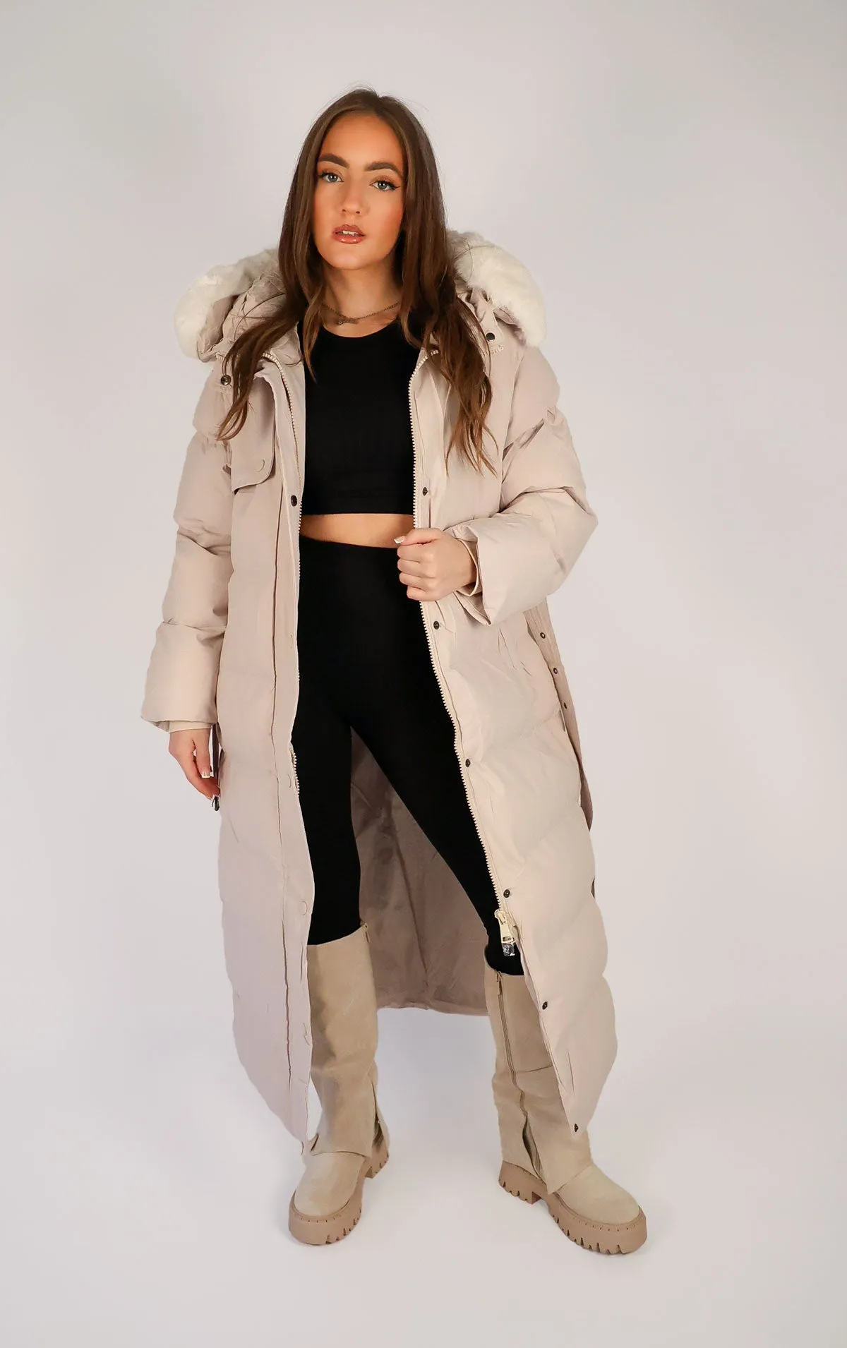 Beige Long Puffer Duvet Coat With Belt and Fur Hood