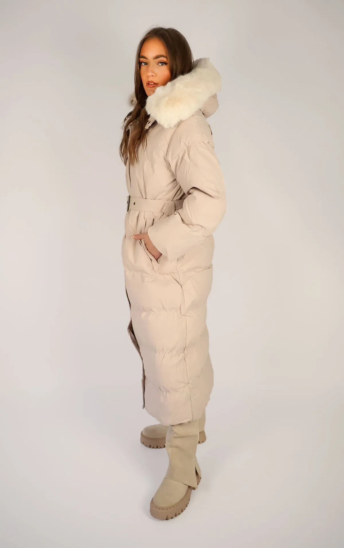 Beige Long Puffer Duvet Coat With Belt and Fur Hood