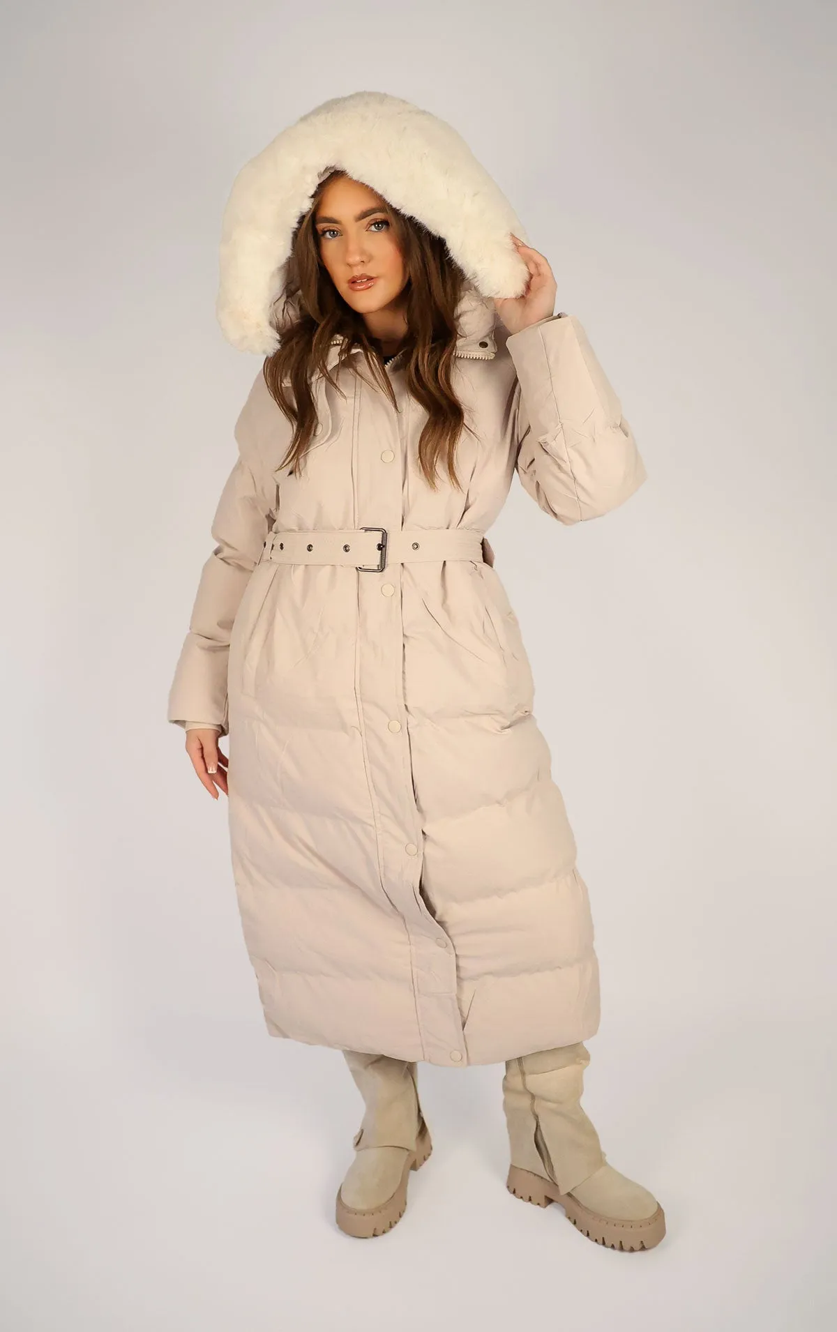 Beige Long Puffer Duvet Coat With Belt and Fur Hood