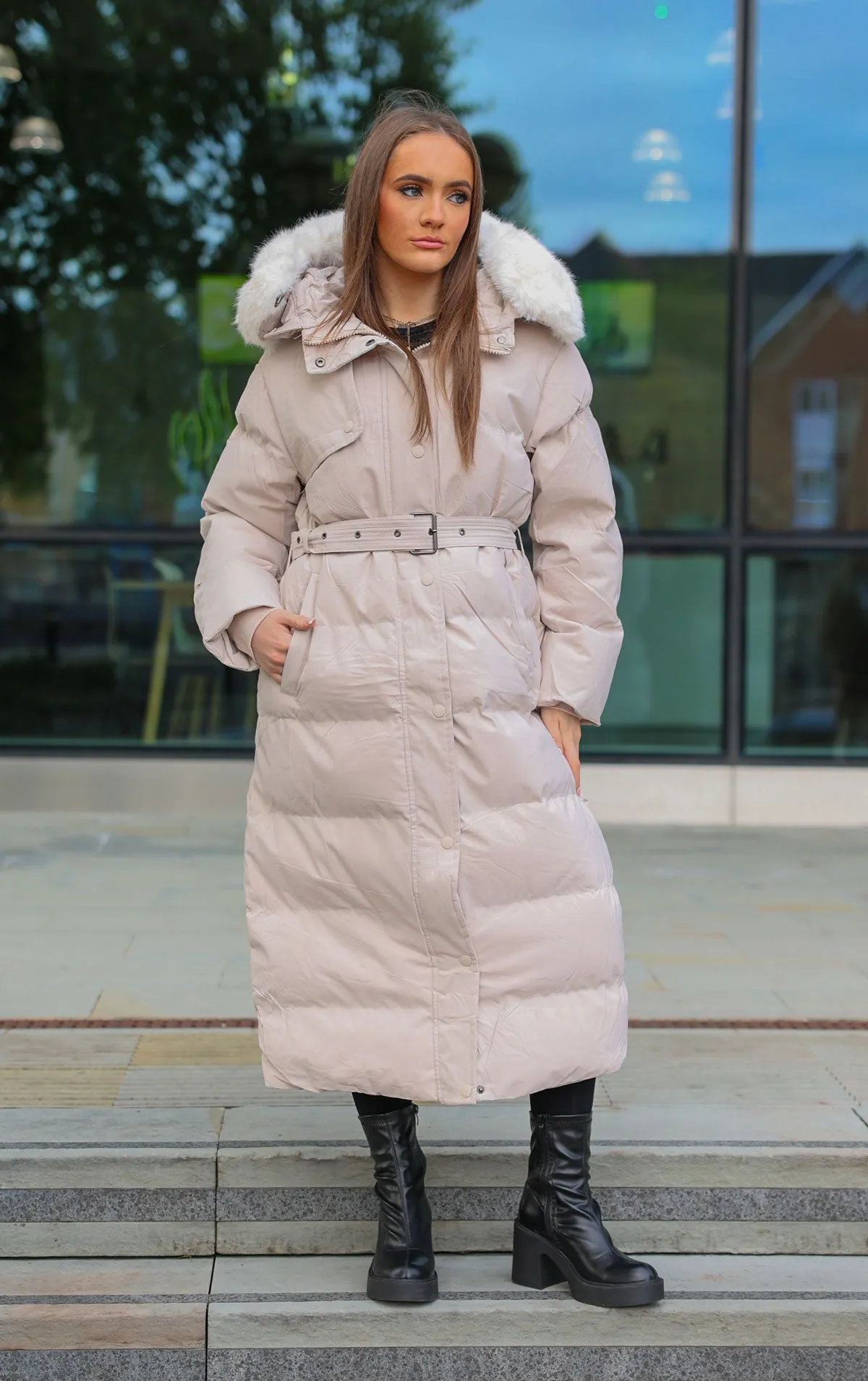 Beige Long Puffer Duvet Coat With Belt and Fur Hood