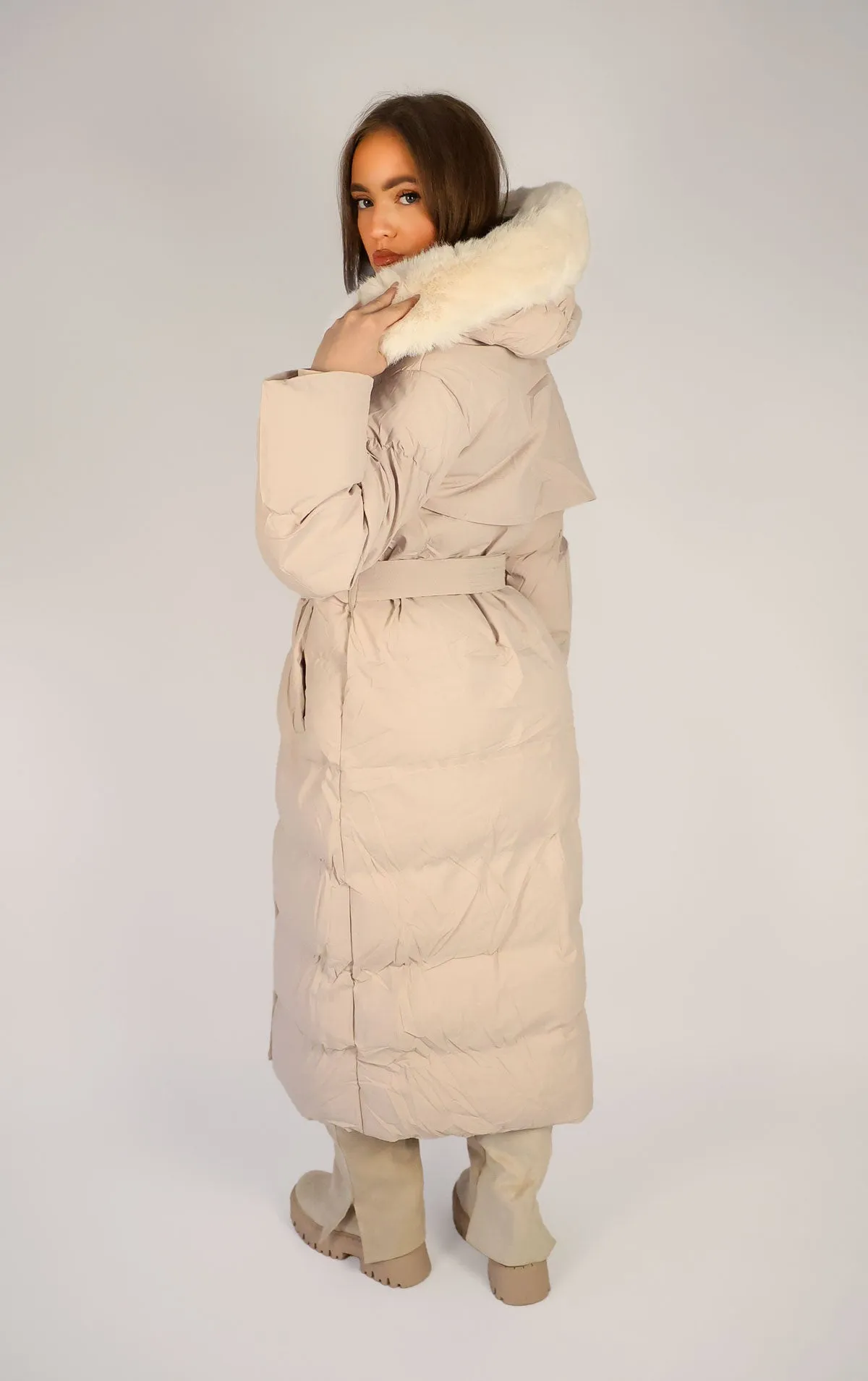 Beige Long Puffer Duvet Coat With Belt and Fur Hood