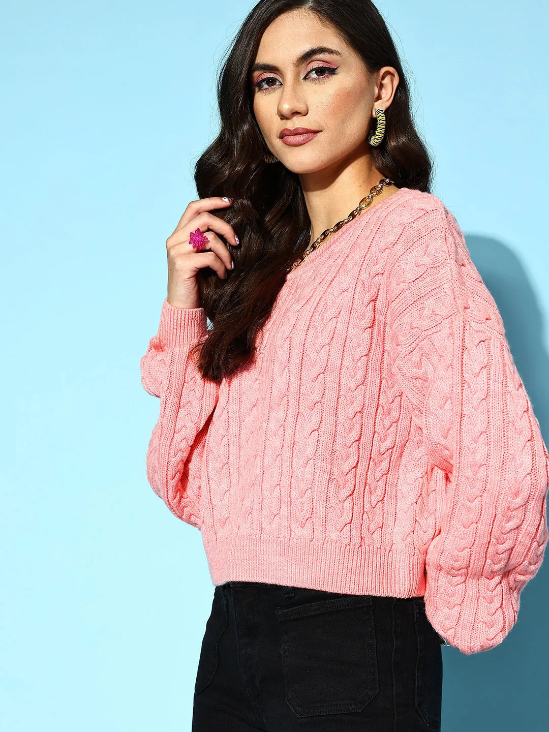 Berrylush Women Light Pink Cable Knit Pattern Round Neck Drop-shoulder Sleeve Ribbed Hem Regular Pullover