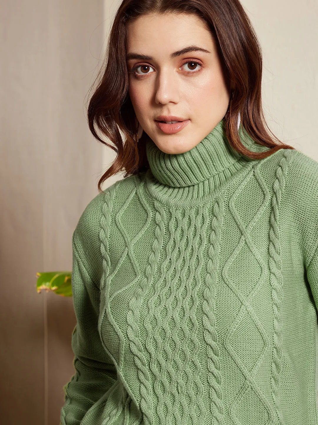 Berrylush Women Solid Light Green Turtle Neck Acrylic Ribbed Hem Cable Knitted Regular Sweater