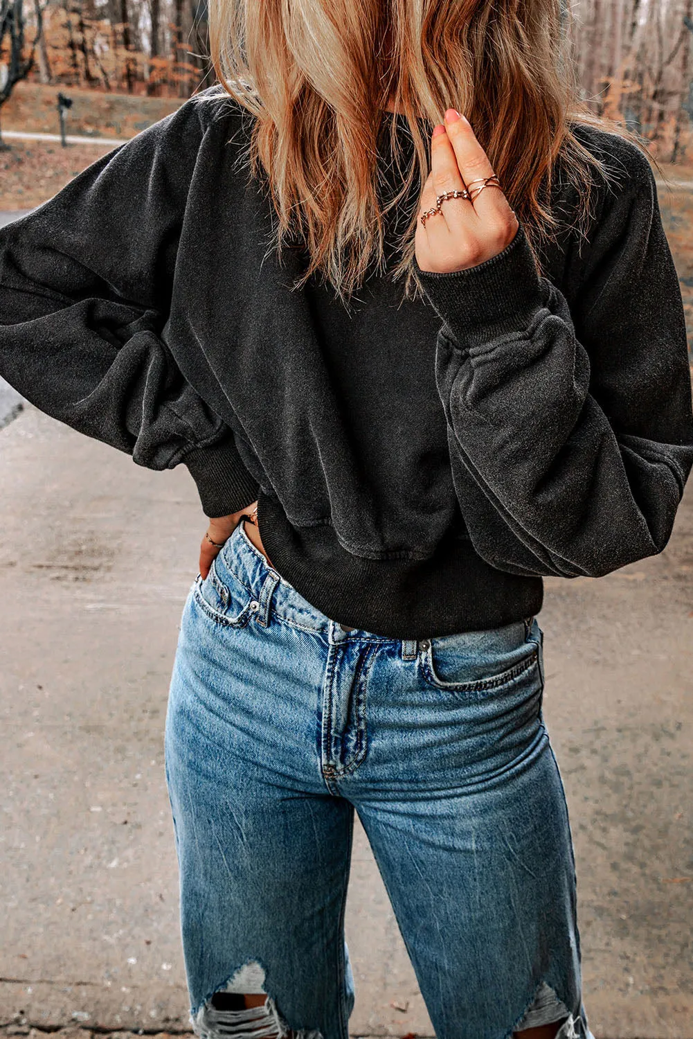 Black Acid Wash V-shape Open Back Sweatshirt