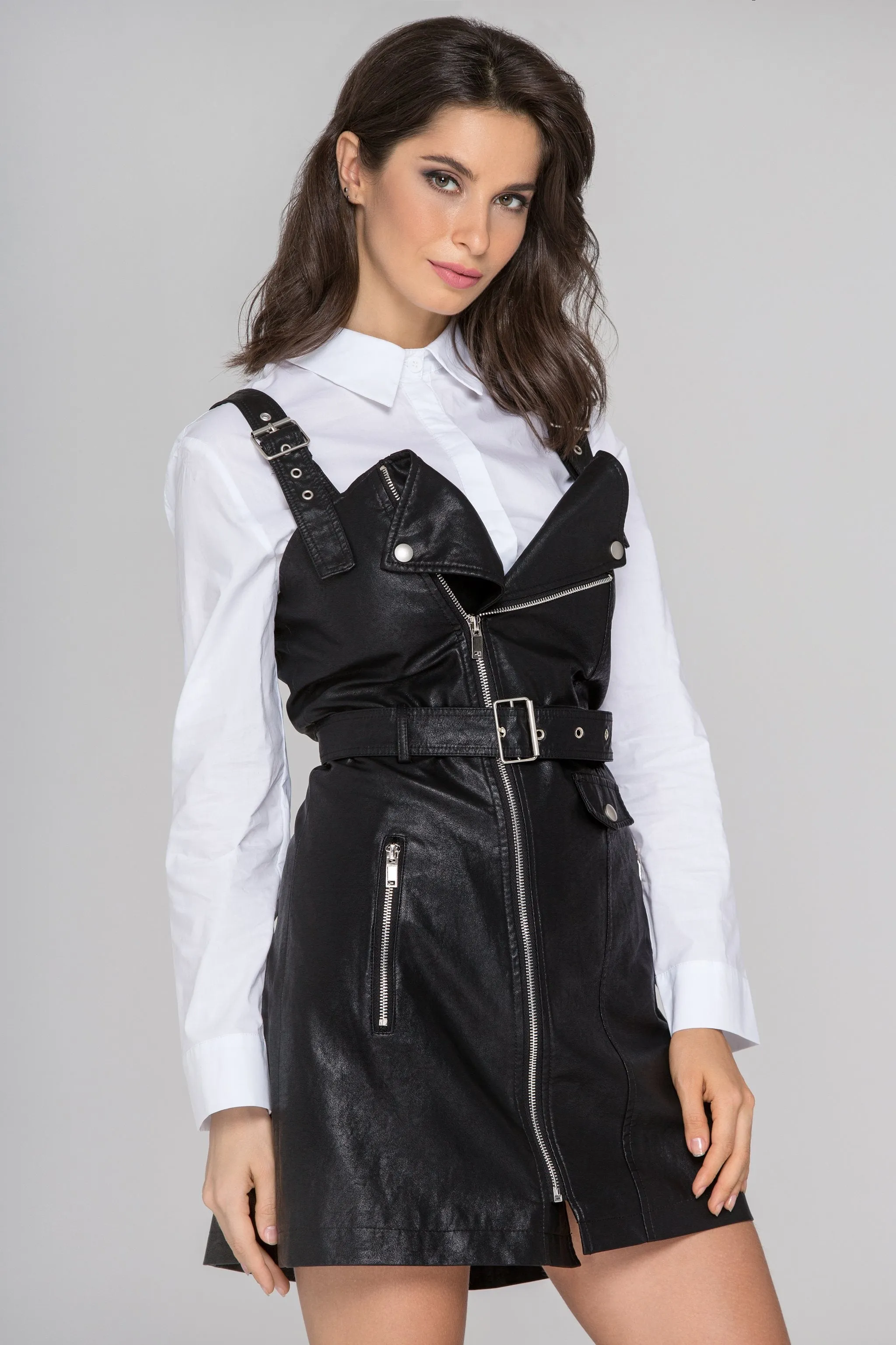 Black Faux Leather Biker Dress Set