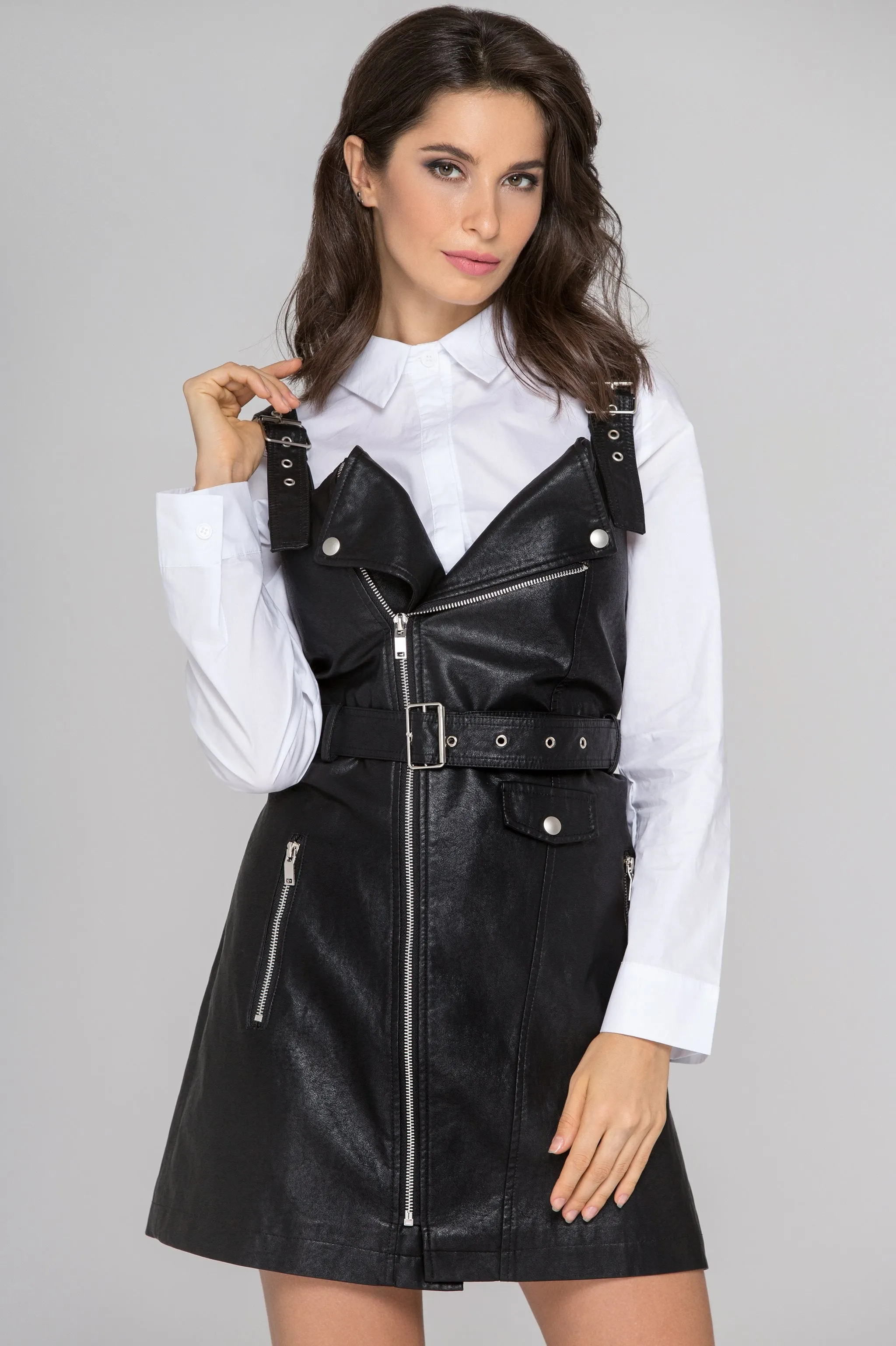 Black Faux Leather Biker Dress Set