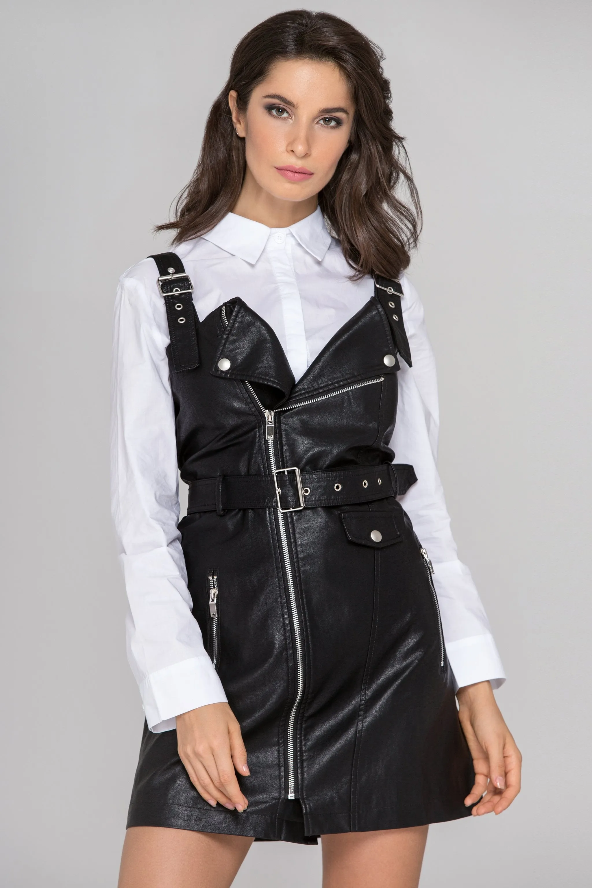 Black Faux Leather Biker Dress Set