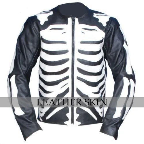 Black Genuine Collarless Jacket with White Skeleton Design