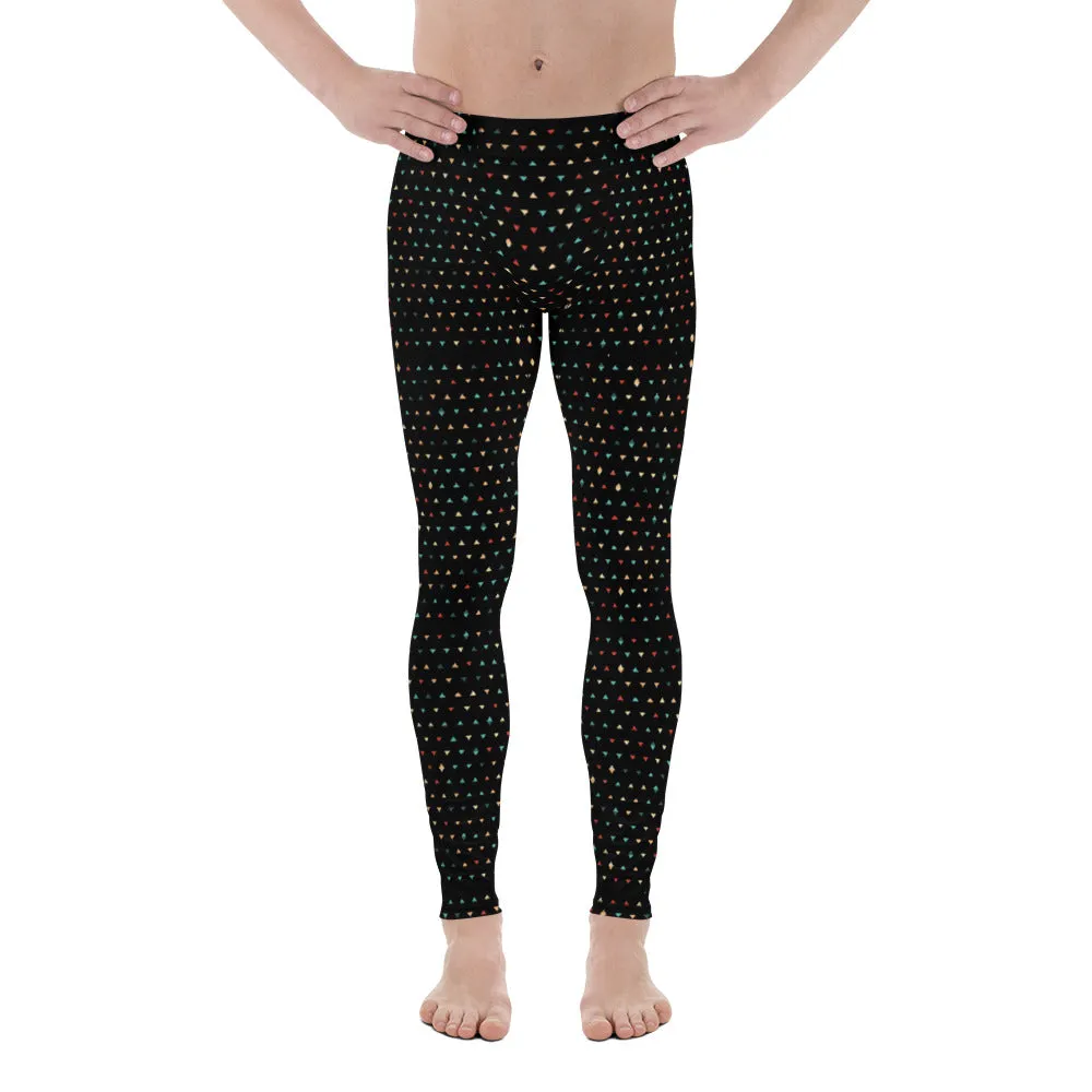 Black Geometric Triangles Men's Leggings, Stylish Patterned Meggings For Men-Made in USA