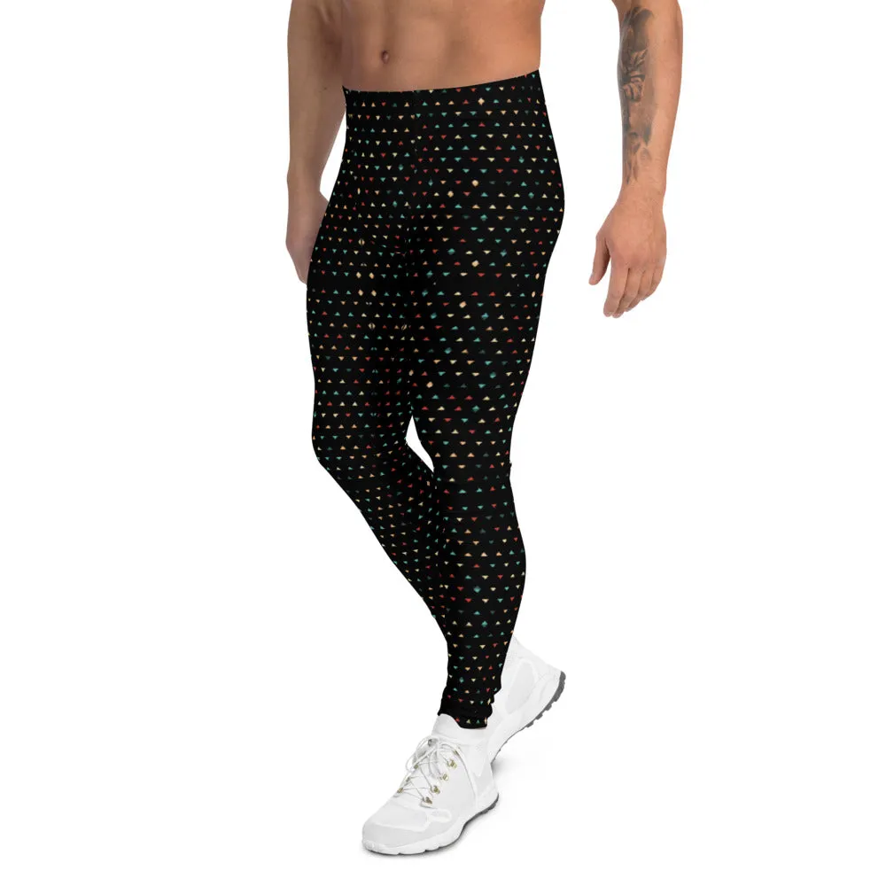 Black Geometric Triangles Men's Leggings, Stylish Patterned Meggings For Men-Made in USA