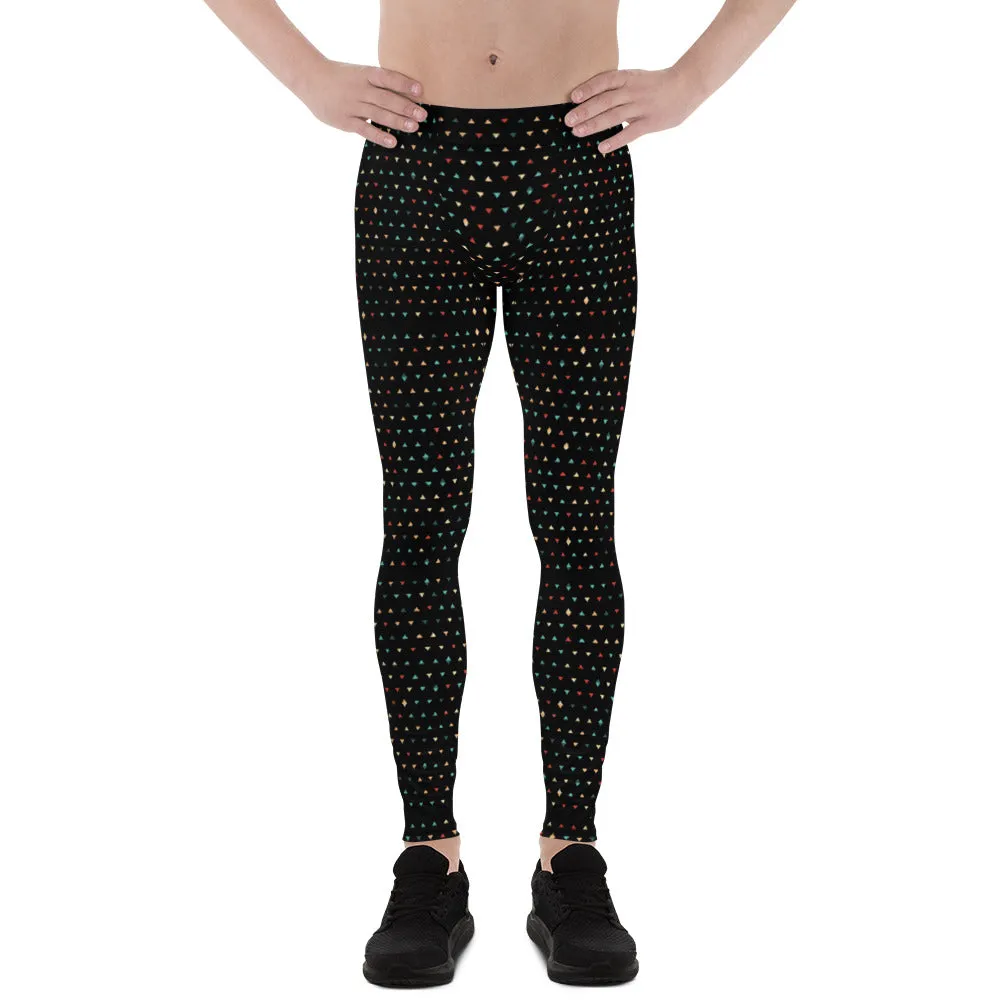 Black Geometric Triangles Men's Leggings, Stylish Patterned Meggings For Men-Made in USA