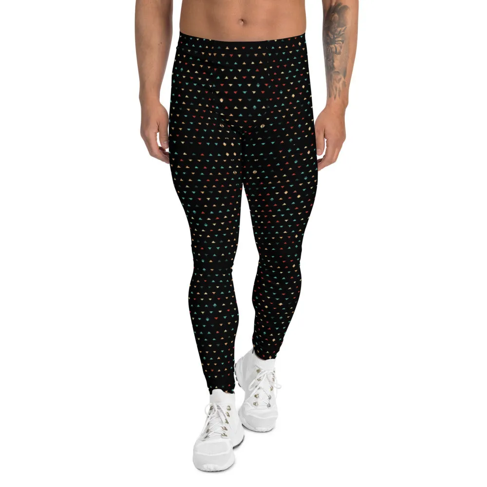 Black Geometric Triangles Men's Leggings, Stylish Patterned Meggings For Men-Made in USA