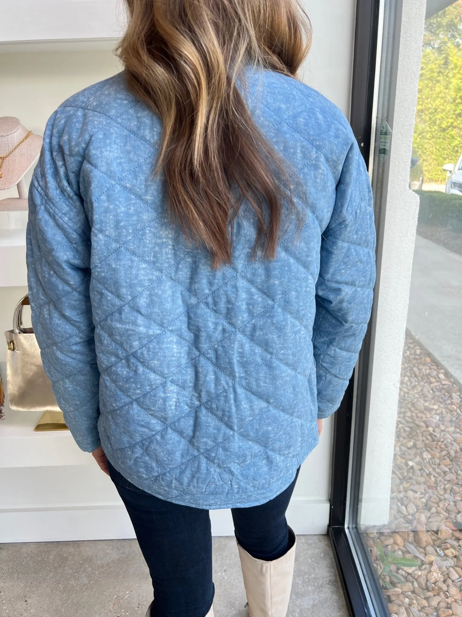 Blue Quilted Pearl Beaded Jacket