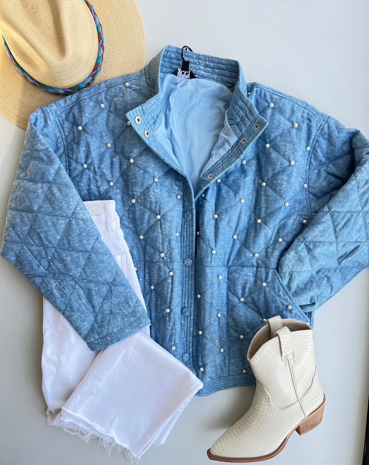 Blue Quilted Pearl Beaded Jacket