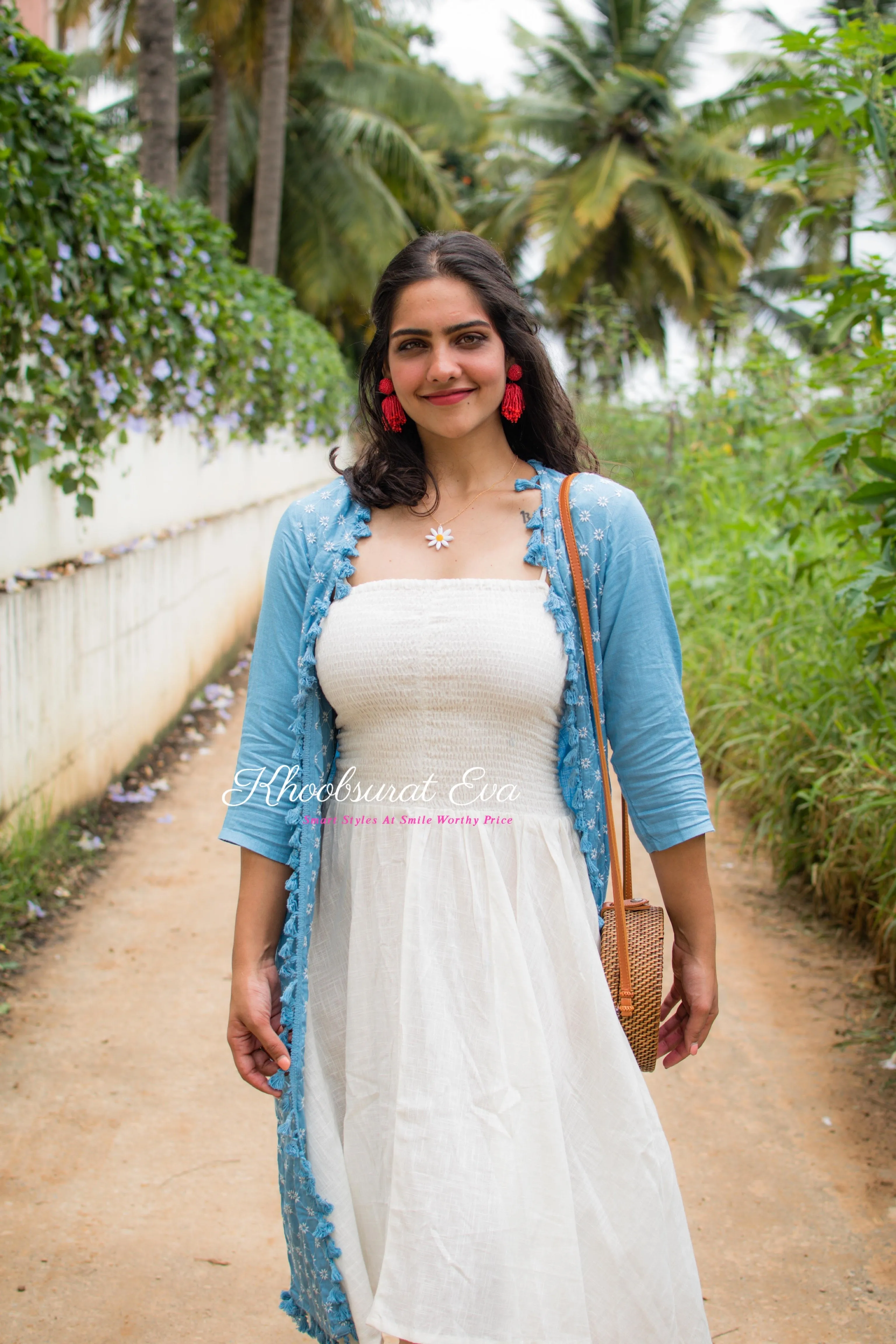 Blue White Embroidered Jacket Maxi Dress