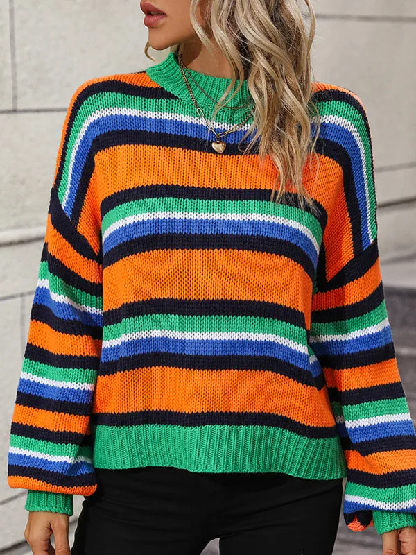 Boho Dropped Shoulder Crewneck Knit Striped Sweater