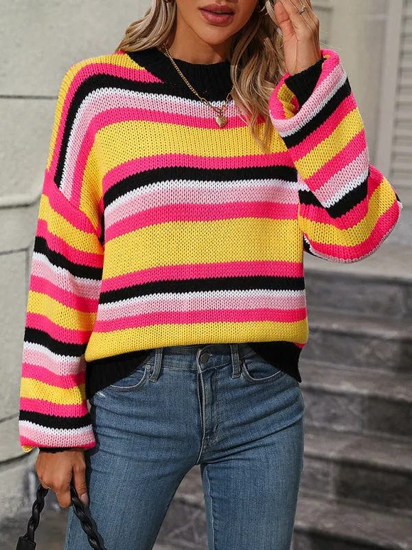 Boho Dropped Shoulder Crewneck Knit Striped Sweater