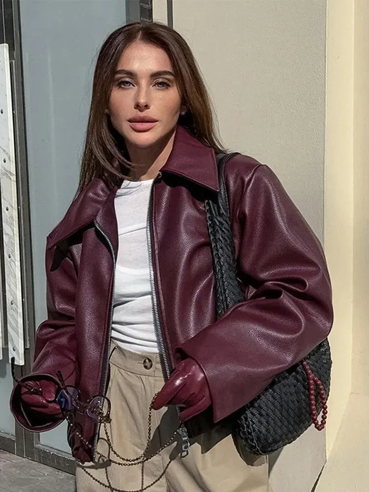 Burgundy Faux Leather Jacket for Women – Stylish Lapel Zipper Design and Long Sleeves for Autumn/Winter Street Fashion