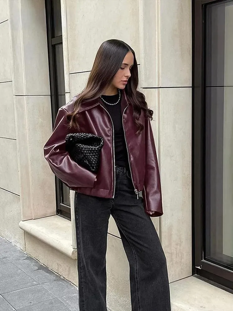 Burgundy Faux Leather Jacket for Women – Stylish Lapel Zipper Design and Long Sleeves for Autumn/Winter Street Fashion