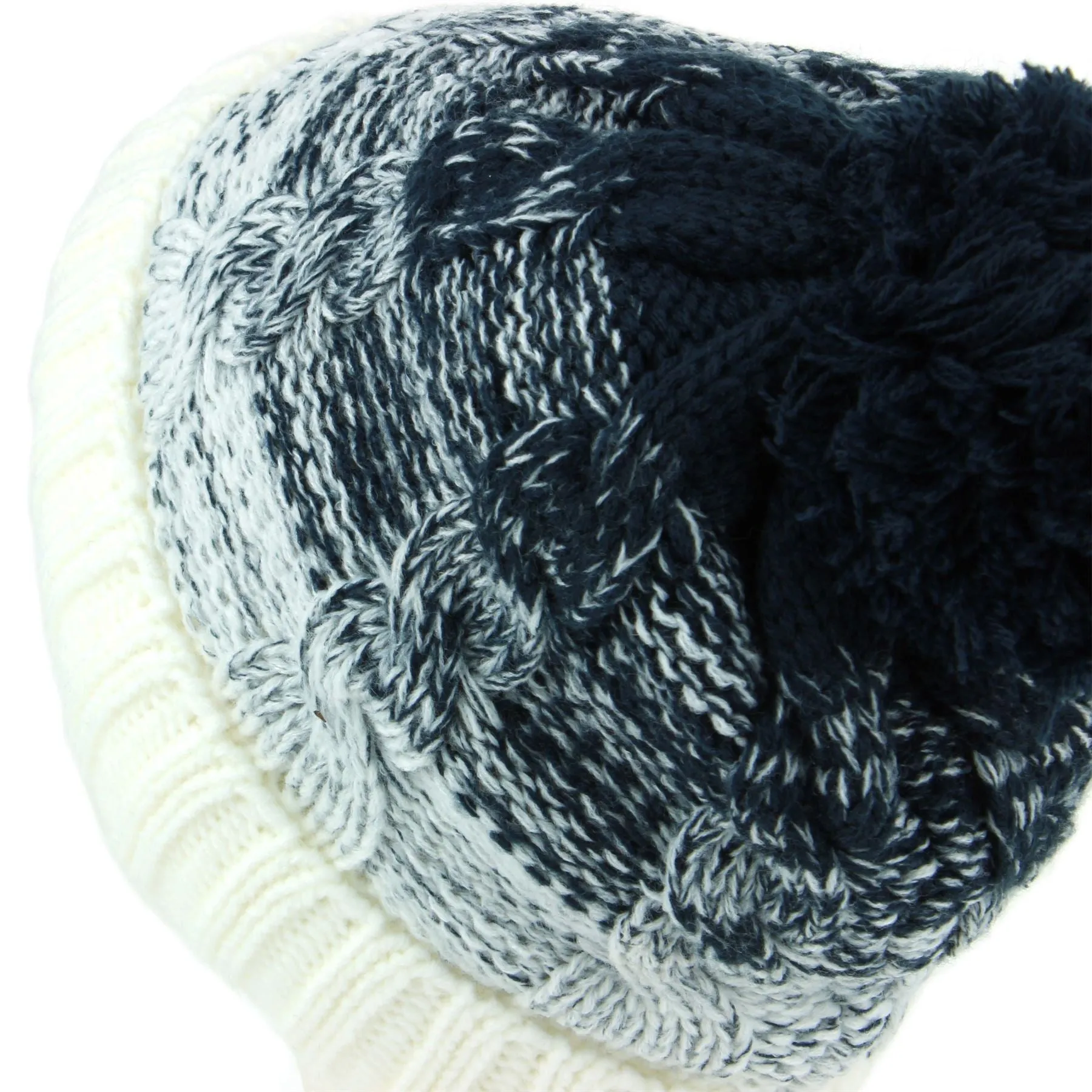 Cable Knit Bobble Beanie Hat with Super Soft Fleece Lining - White