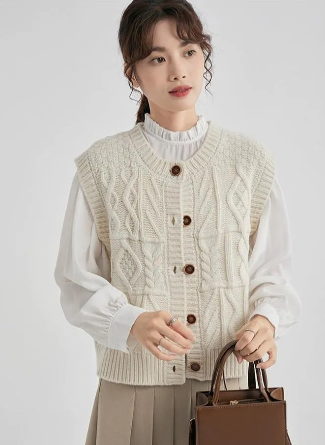 Cable Knit Ribbed Trim Button Vest