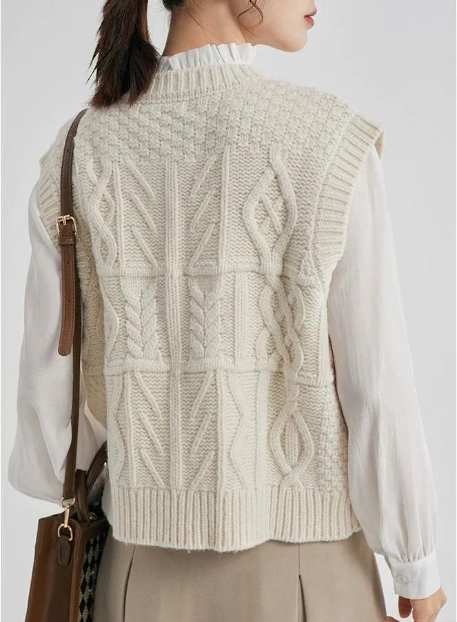 Cable Knit Ribbed Trim Button Vest