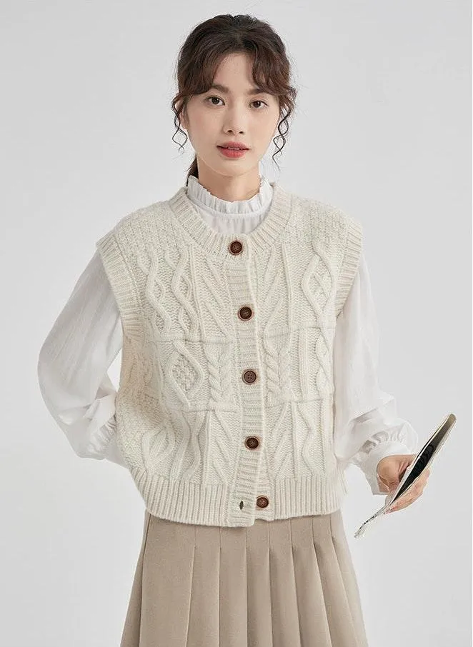 Cable Knit Ribbed Trim Button Vest