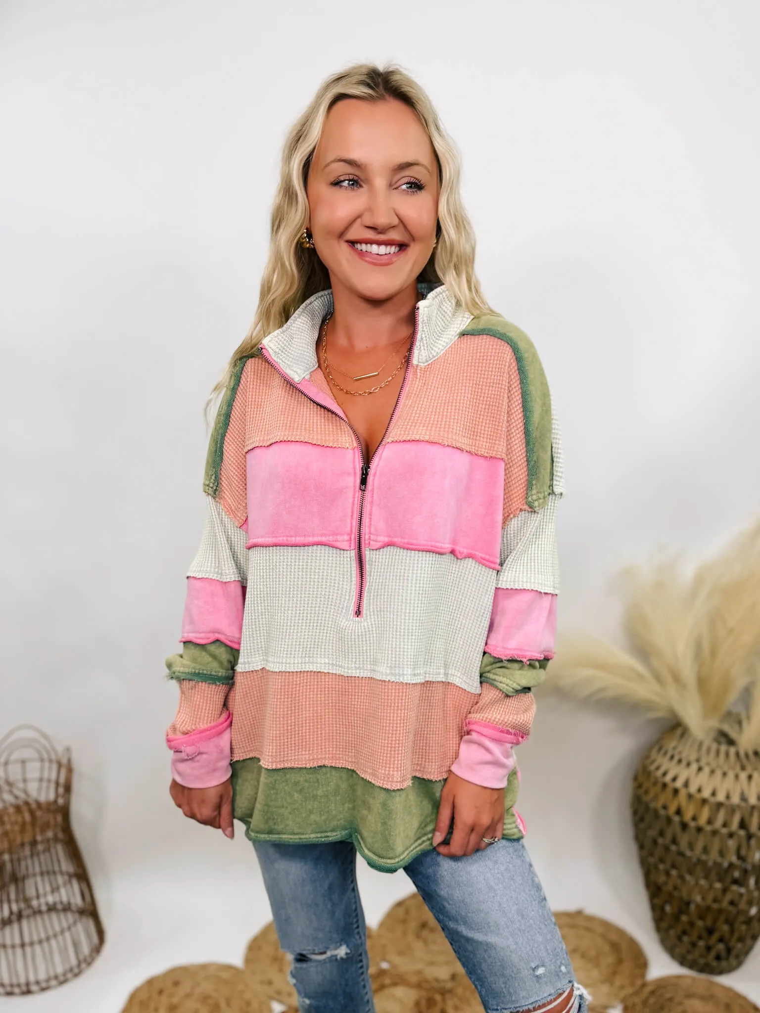 Candy Apple Mineral Washed Colorblock Half Zip Pullover with Side Pockets by Oli & Hali