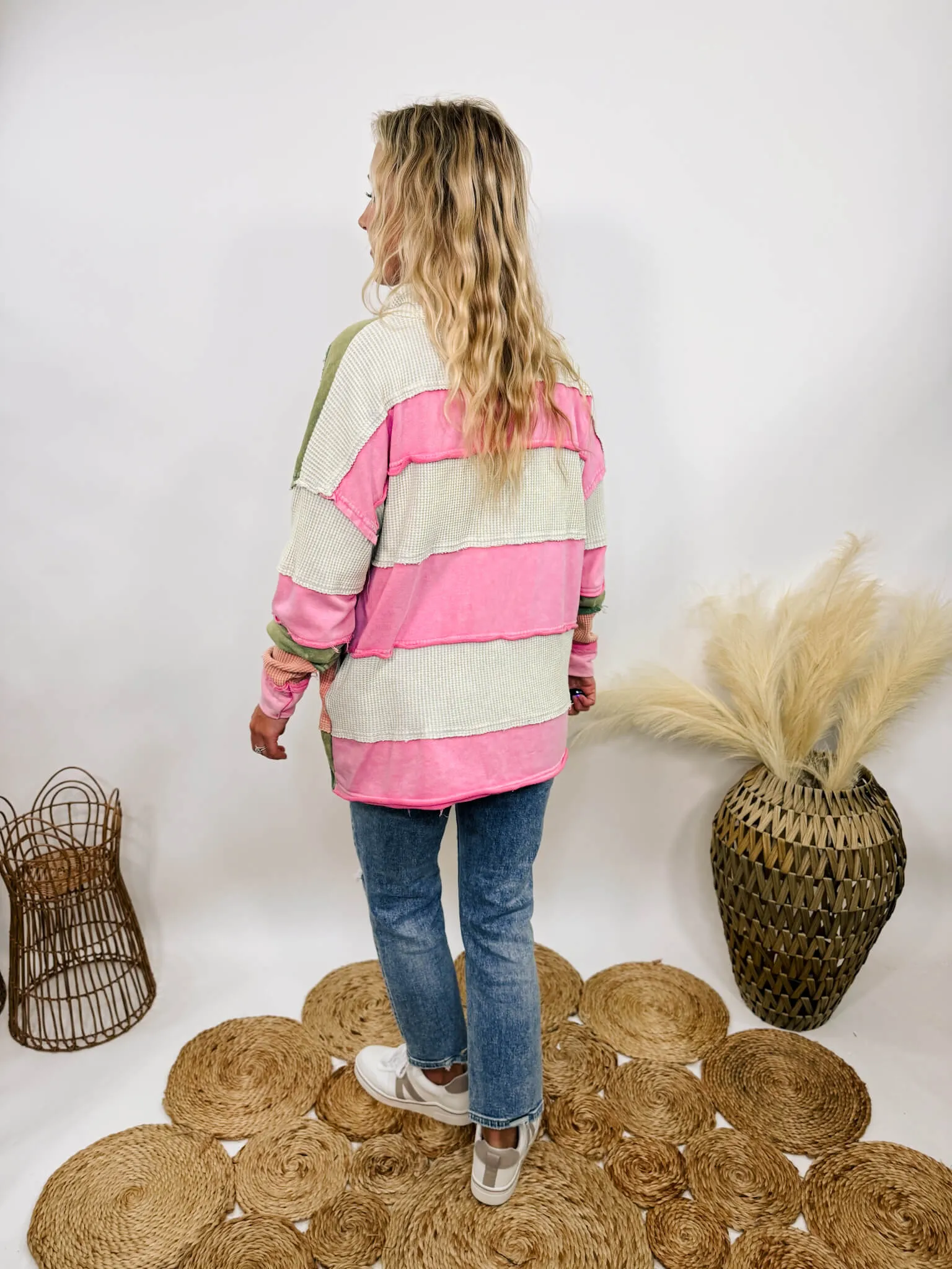 Candy Apple Mineral Washed Colorblock Half Zip Pullover with Side Pockets by Oli & Hali