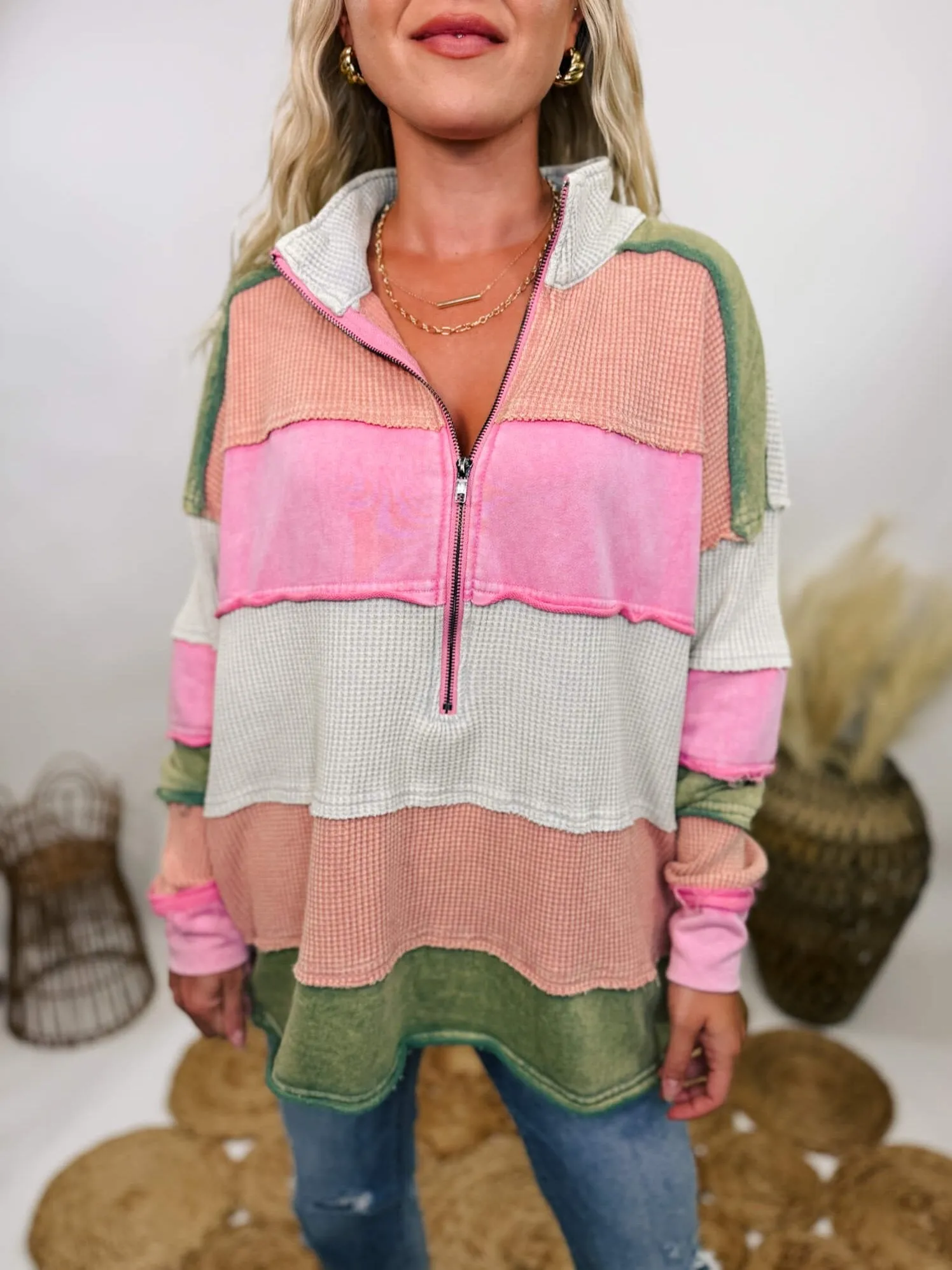 Candy Apple Mineral Washed Colorblock Half Zip Pullover with Side Pockets by Oli & Hali