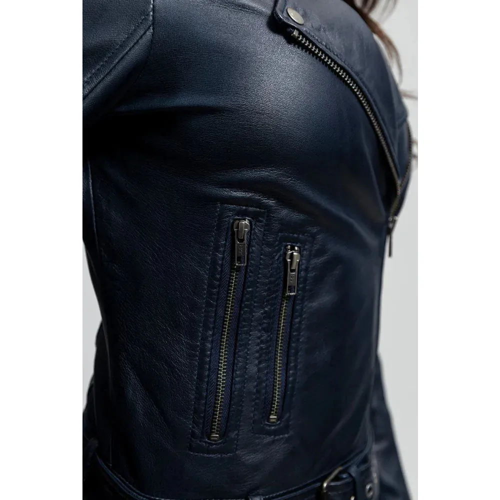 Chloe womens Fashion Leather Jacket Navy Blue