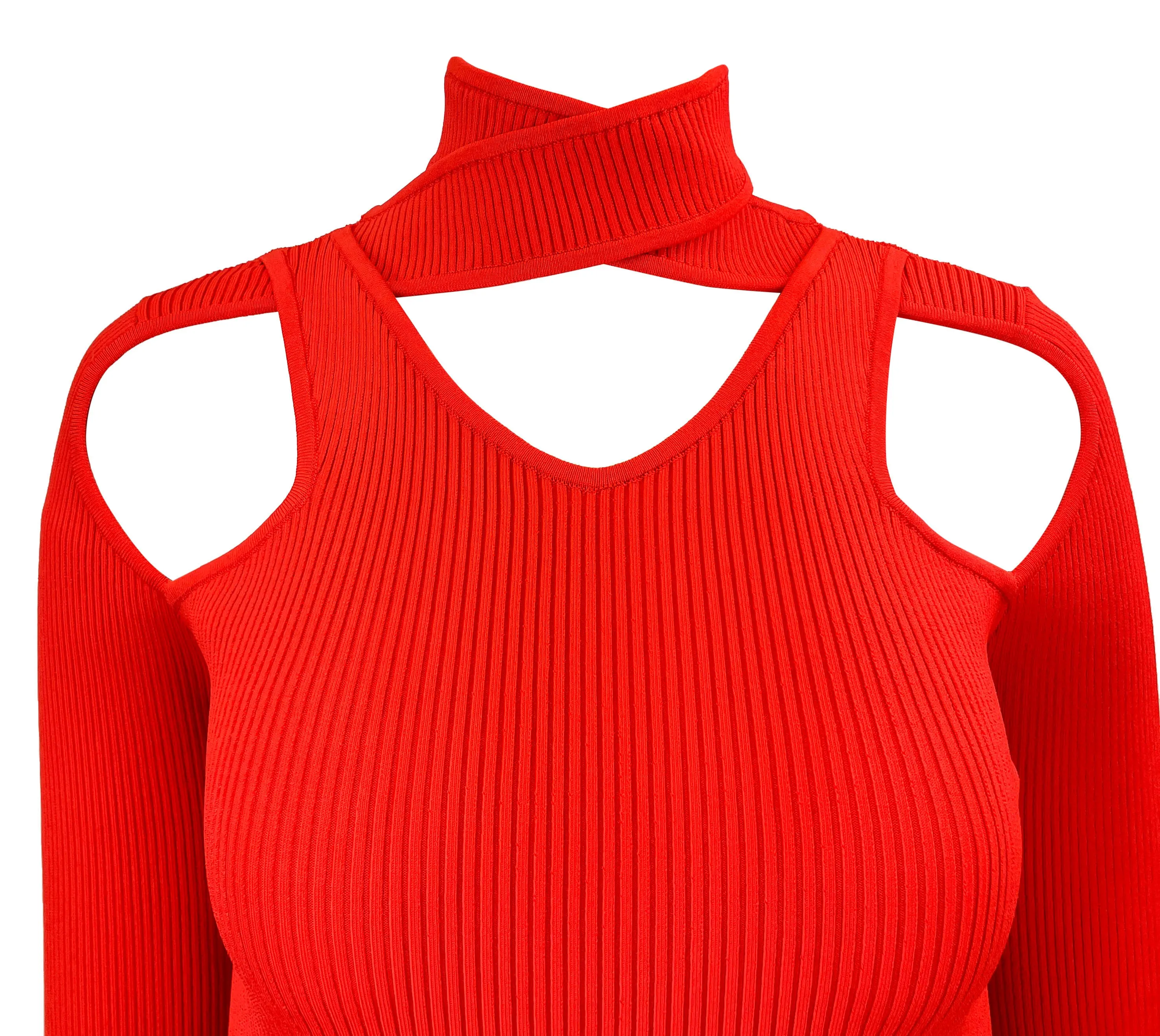 Coperni Cut-Out Rib Knit Dress in Flame Red