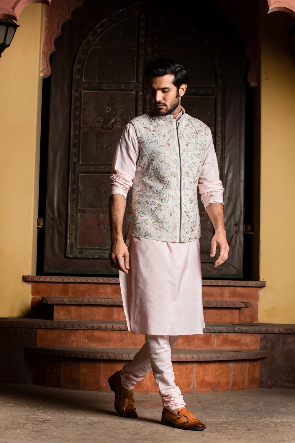 Cream Matka Embroidered Jacket with Blush Pink Kurta and Churidar