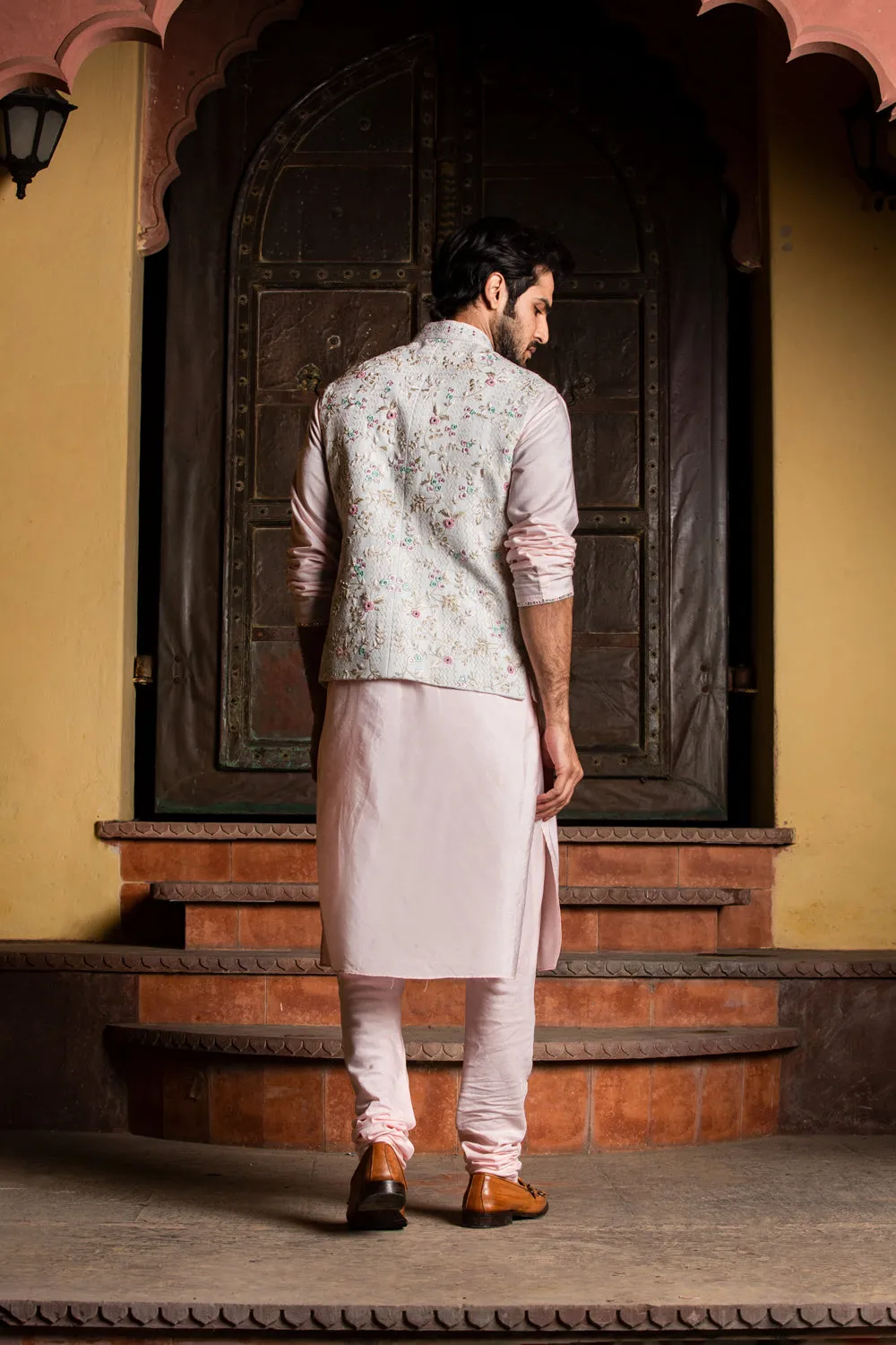 Cream Matka Embroidered Jacket with Blush Pink Kurta and Churidar