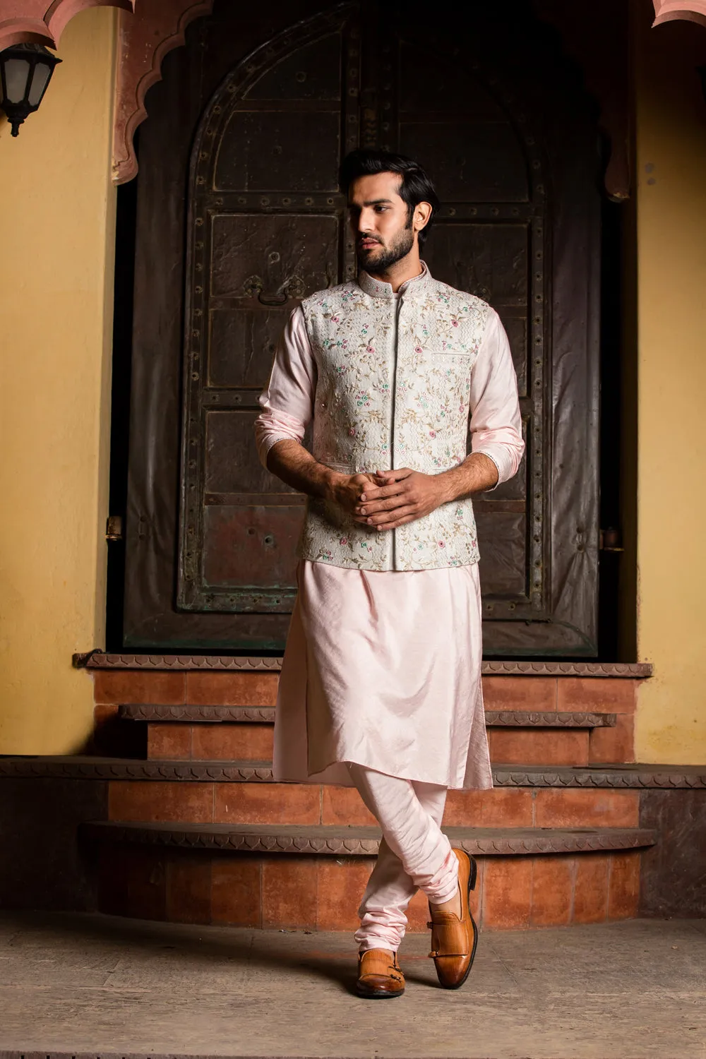 Cream Matka Embroidered Jacket with Blush Pink Kurta and Churidar