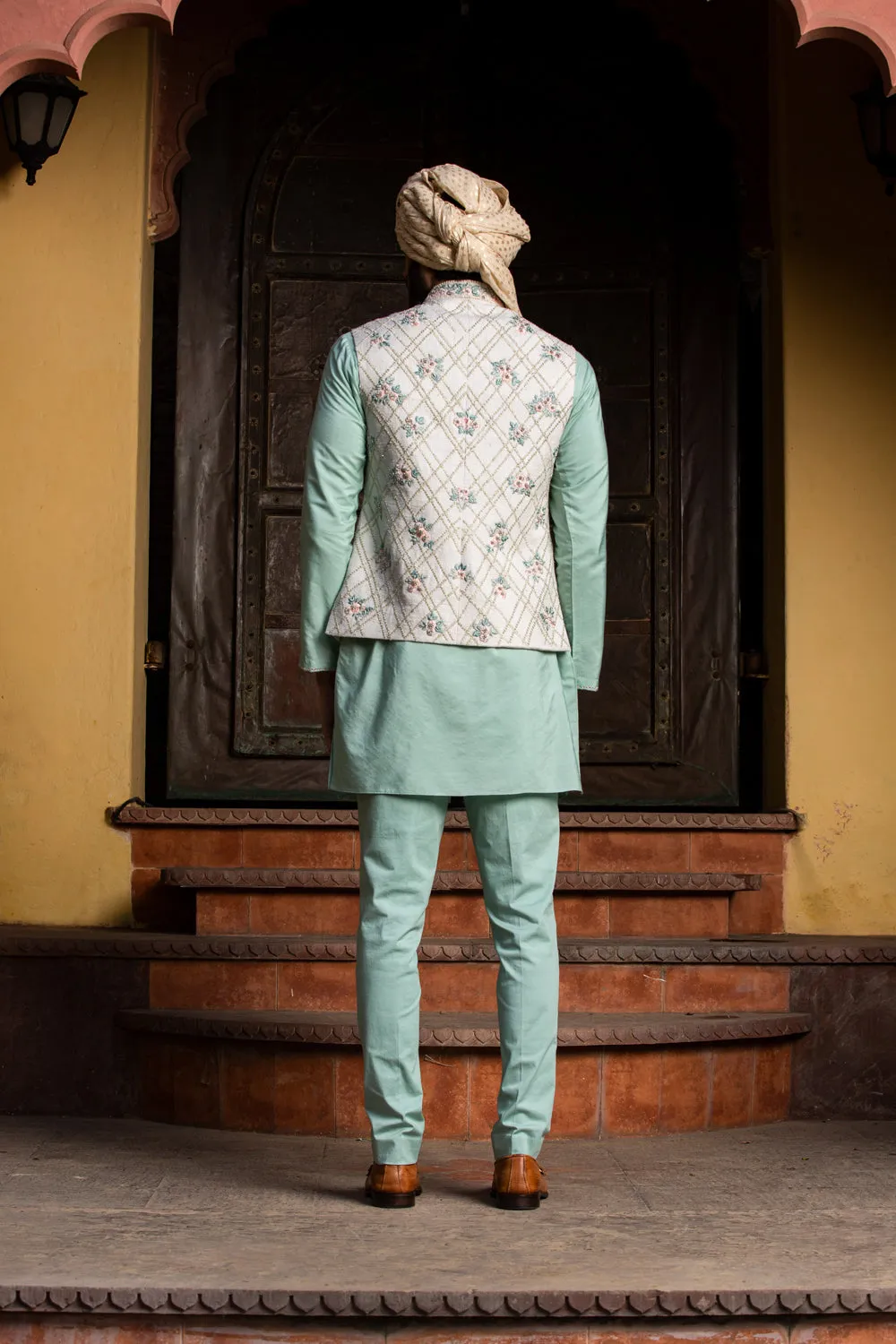 Cream Matka Embroidered Jacket with Mint Green Kurta and Pants