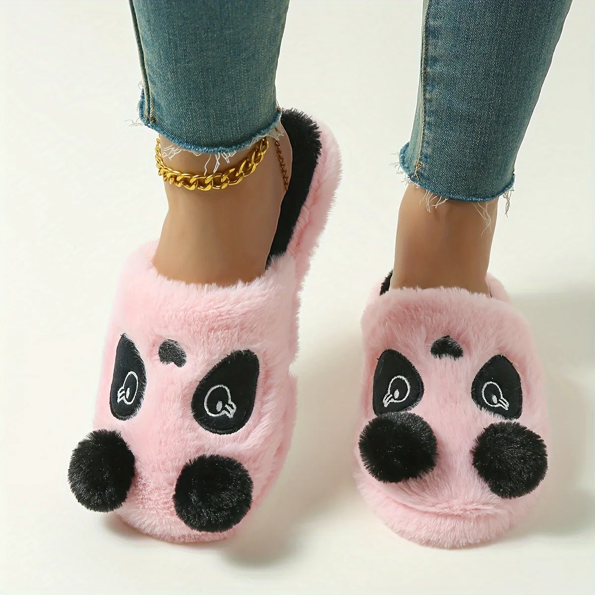 Cute Cartoon Panda Design Slippers, Casual Slip On Plush Lined Shoes, Comfortable Indoor Home Slippers