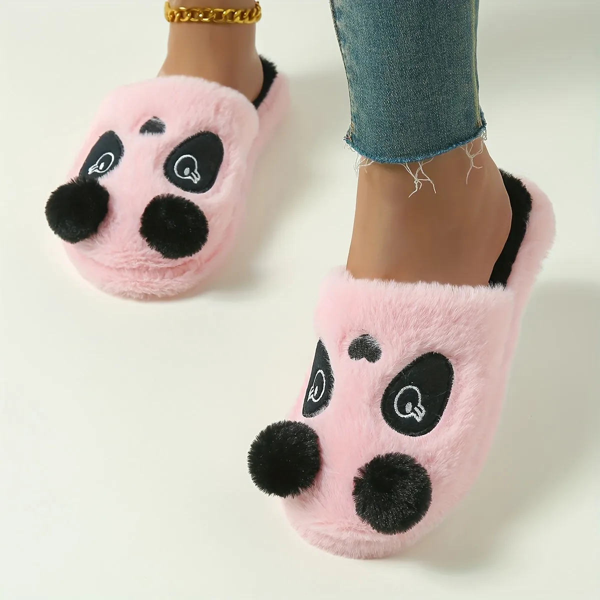 Cute Cartoon Panda Design Slippers, Casual Slip On Plush Lined Shoes, Comfortable Indoor Home Slippers